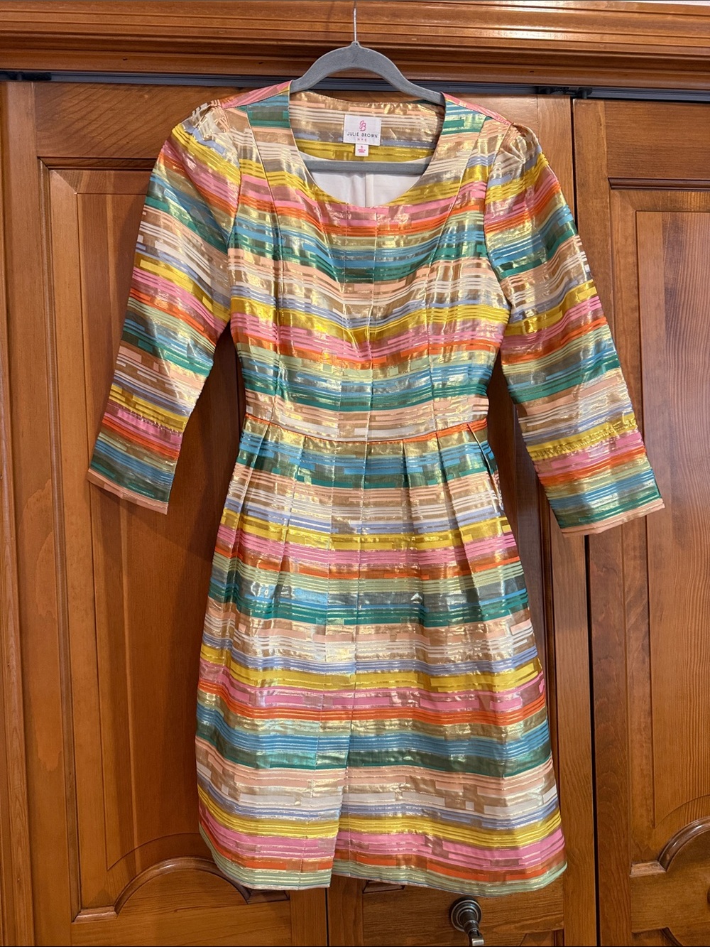 Multicolor Striped Coat with Scoop Neck - 3/4 sleeve